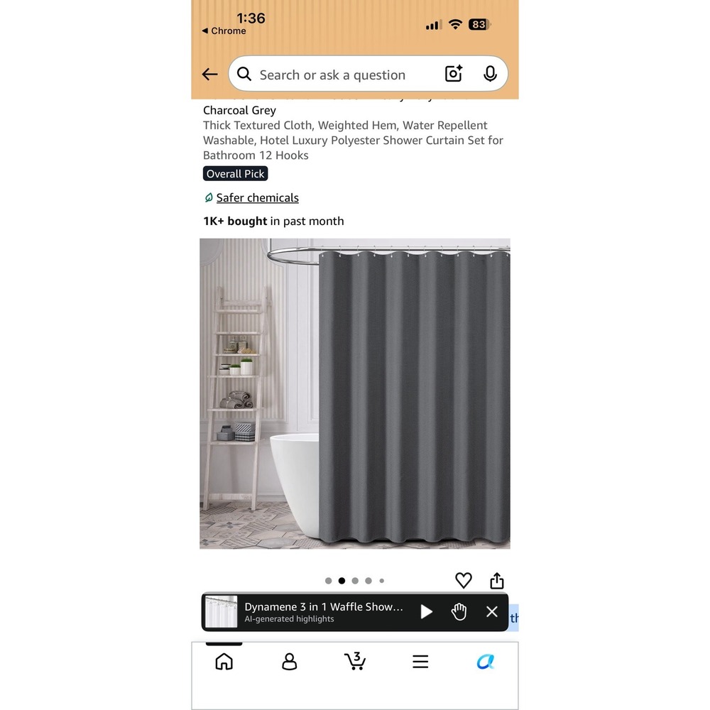 72x72 Inch Charcoal Grey Waffle Weave Shower Curtain w/hooks 3 in 1 technology
